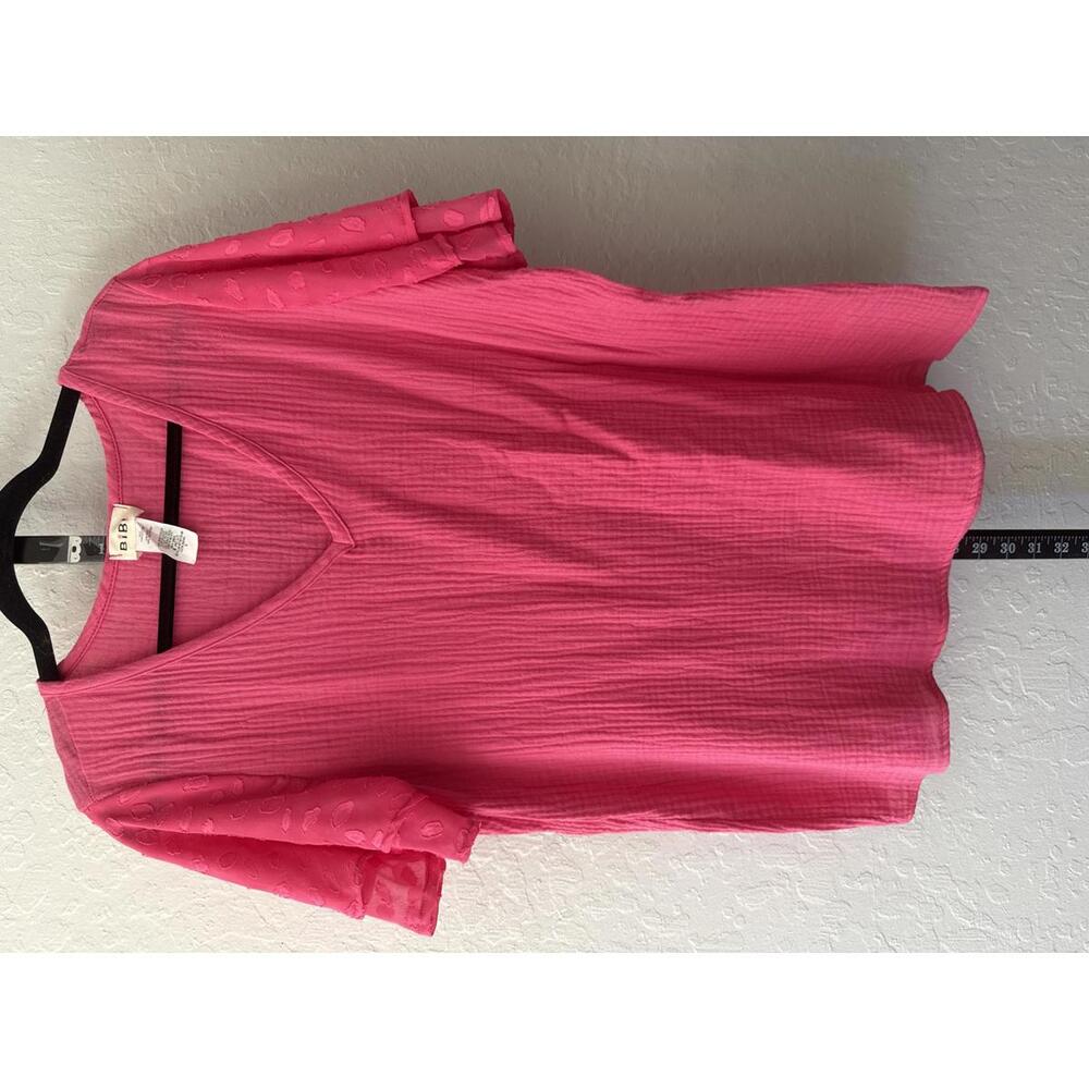 Bibi Pink Short Sleeve V-Neck Top with Sheer Patterned Sleeves